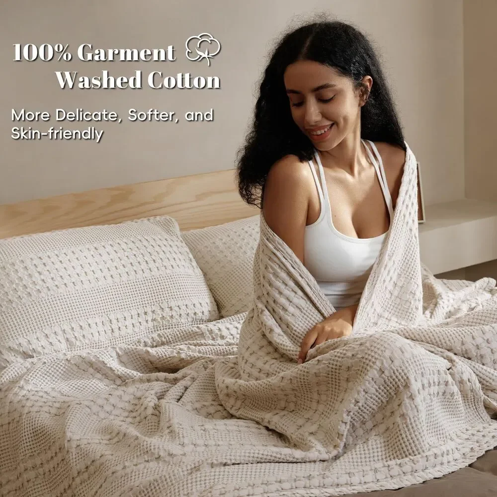 Cotton Waffle Blanket Twin Size For College Dorm Lightweight Breathable